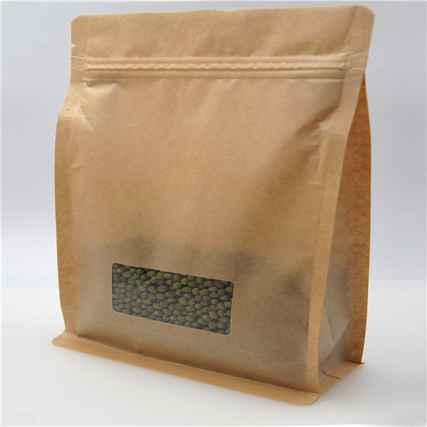 Túi giấy kraft vuông màu nâu với cửa sổ rõ ràng, túi cà phê Zip Lock