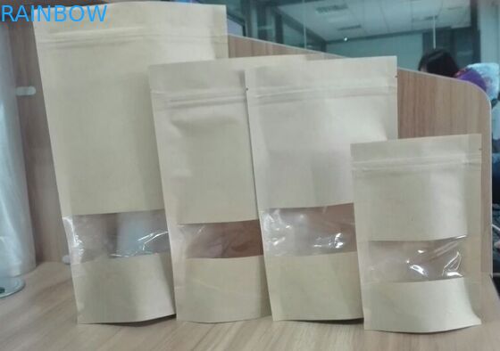 Brown Ziplock Đứng lên Túi giấy Tùy chỉnh Túi đựng thực phẩm Bao bì có cửa sổ