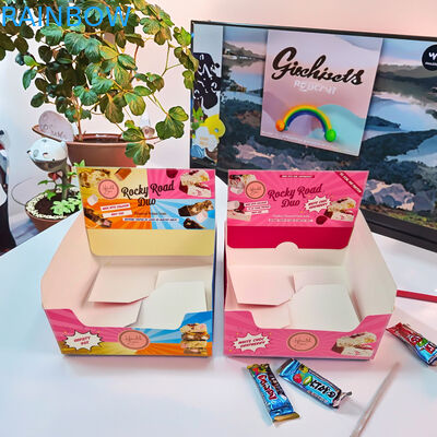 Hộp trưng bày bằng bìa cứng in theo yêu cầu với độ dày 350g và ép kim cho bao bì bán lẻ đồ ăn nhẹ