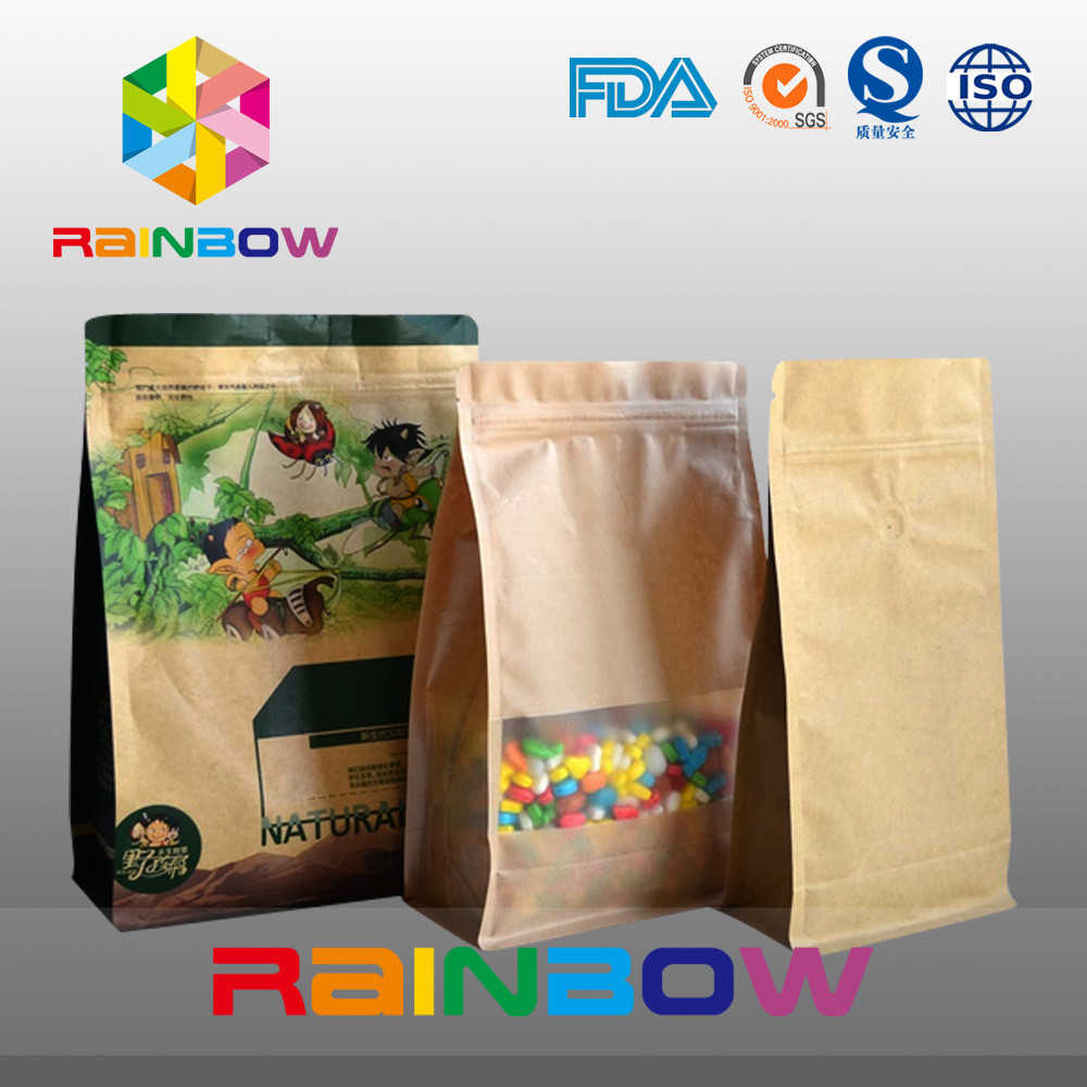 Túi giấy kraft đứng lên tùy chỉnh, túi Guesst đáy phẳng cho thực phẩm khô / kẹo có khóa kéo