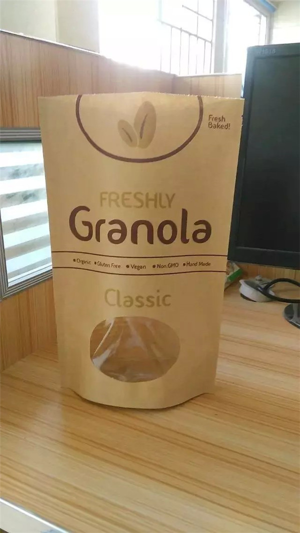 Tùy chỉnh in đứng túi giấy kraft, bao bì snack có cửa sổ