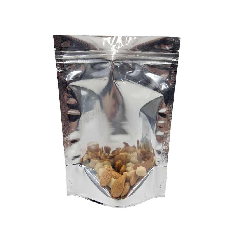 Bao bì lá nhôm CMYK Mylar Doypac Clear Window Front Silver Back Stand Up Resealable