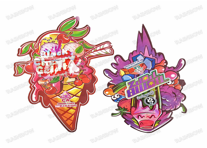 3,5g Cấp thực phẩm Tùy chỉnh Mylar Die Cut Hình dạng không đều Bao bì Mylar chống trẻ em có dây kéo