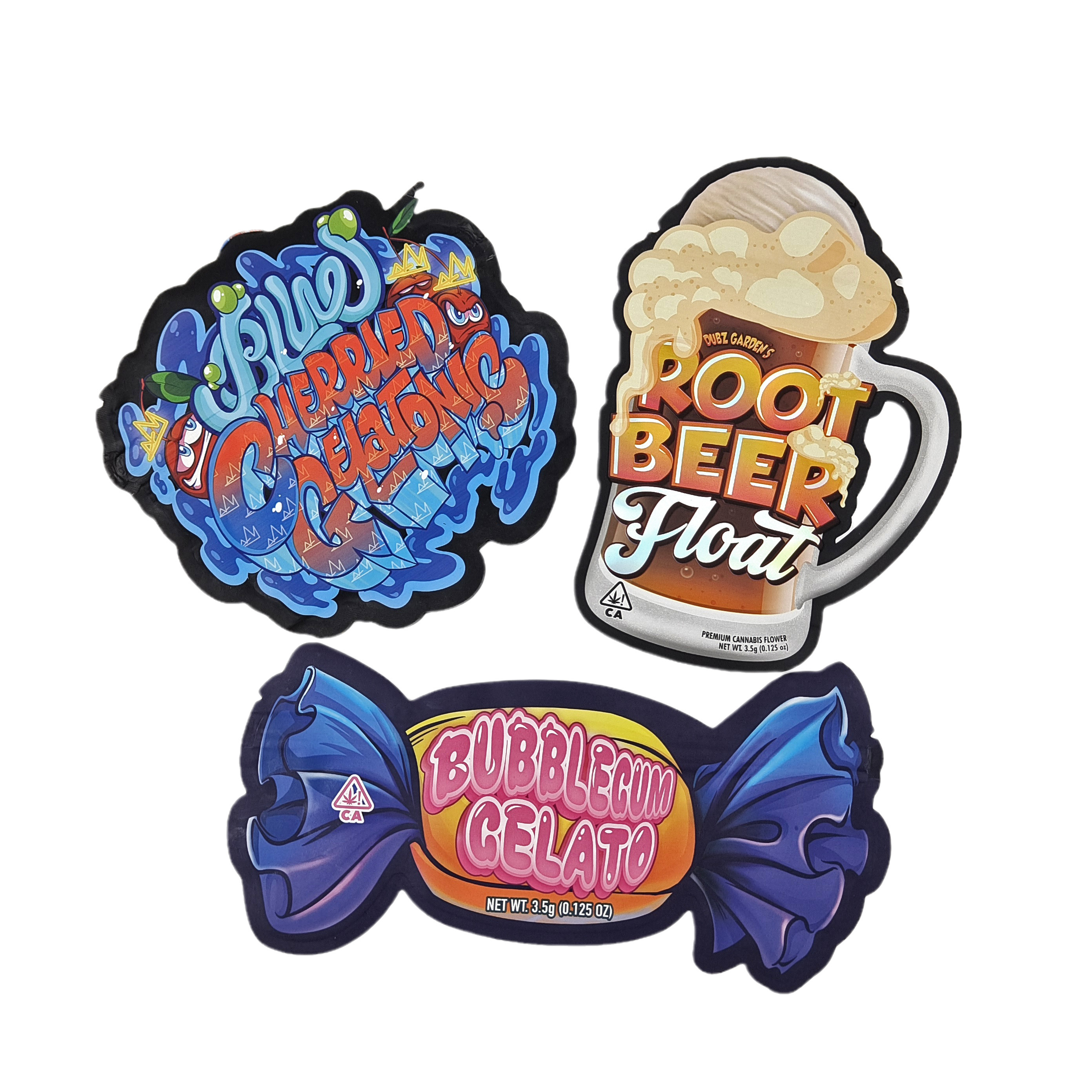 in tùy chỉnh 3.5g 7g 14g 28g đặc biệt hình dạng mùi chống thấm thực phẩm kẹo túi die cắt Mylar túi