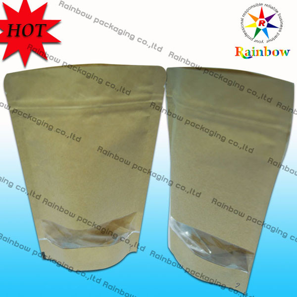 Đứng lên Ziplock Brown Túi giấy tùy chỉnh có cửa sổ để đóng gói đồ ăn nhẹ