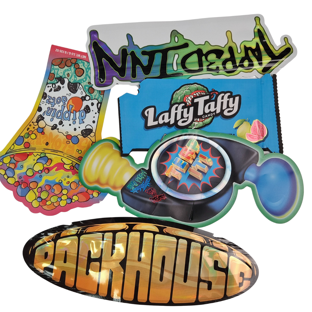 Túi Mylar Hình Holographic Khóa Kéo Niêm Phong Lại, Cắt Khuôn, Lá Nhôm, Hàn Nhiệt, Túi Đựng Hình Dạng Bất Quy Tắc Dùng Cho Kẹo Dẻo Nấm