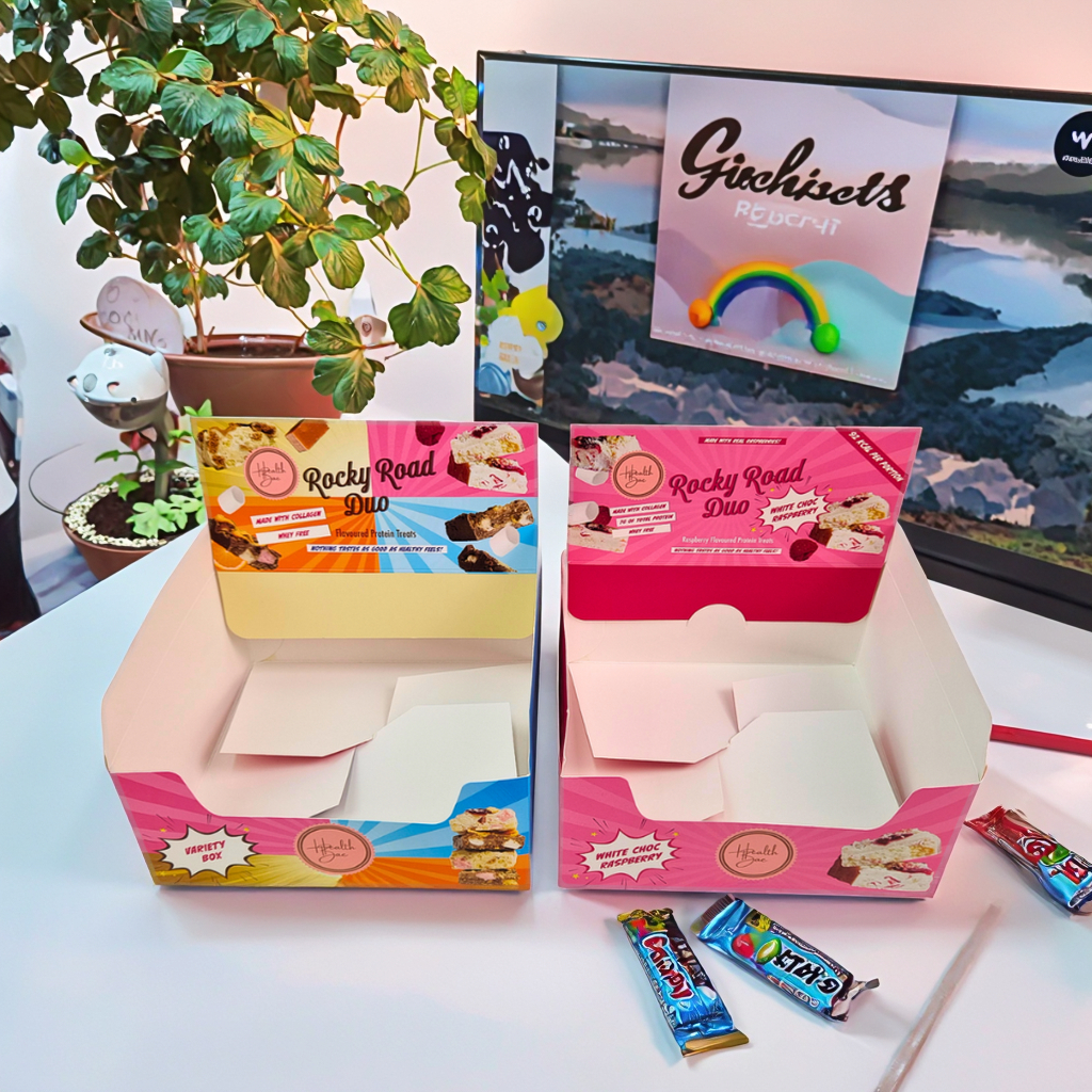 Hộp trưng bày bằng bìa cứng in theo yêu cầu với độ dày 350g và ép kim cho bao bì bán lẻ đồ ăn nhẹ