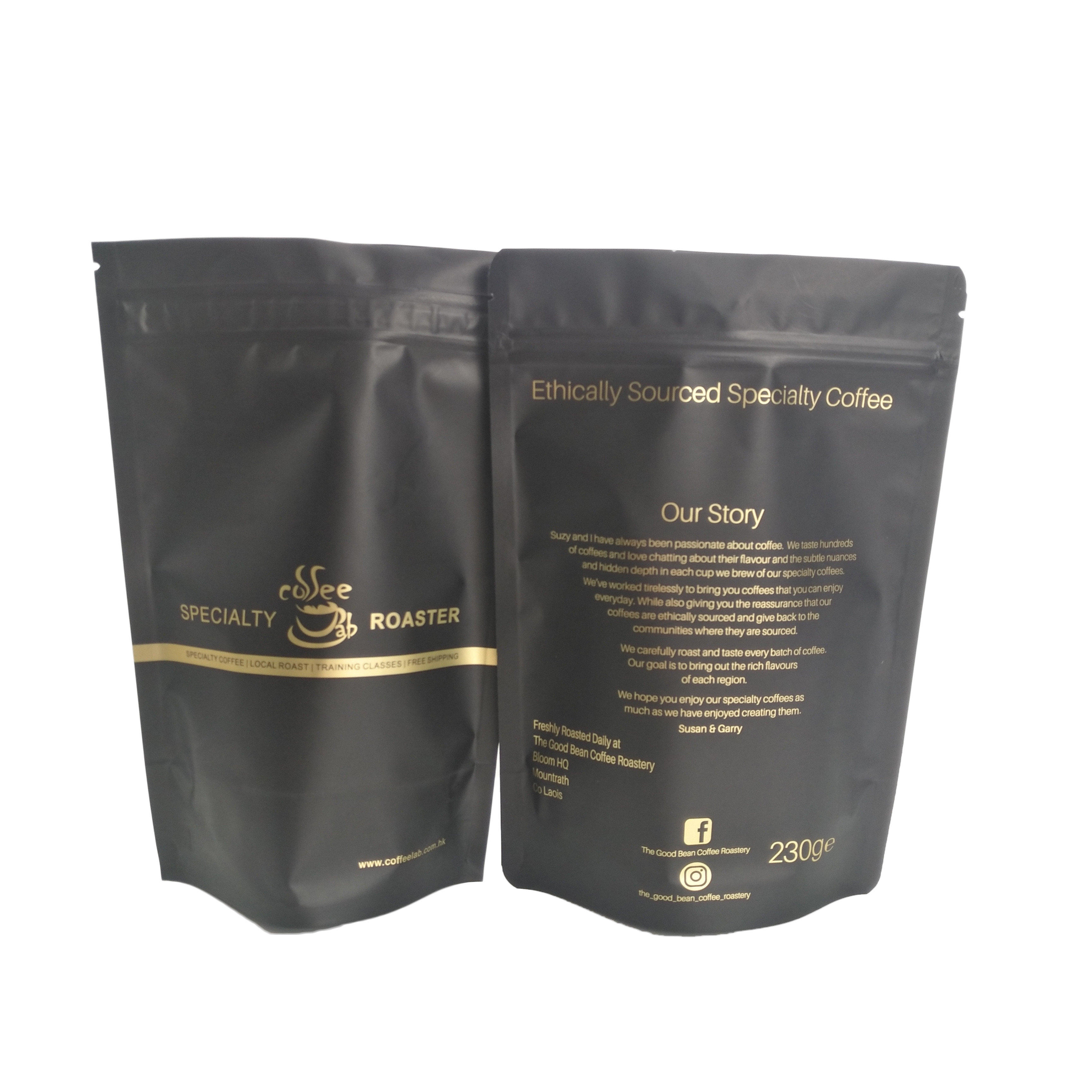 Matte Black Finish Foil Đứng lên Túi bao bì có dây kéo Túi cà phê với dải vàng